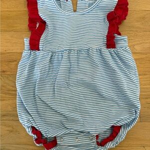 Striped Blue & White Baby One-Piece with Red Ruffle Trim